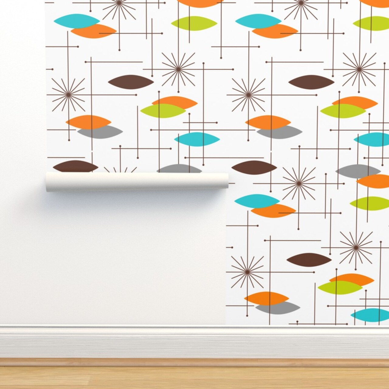 Mid Century Modern, Orbs, Large Scale, Starburst, Atomic, Mcm, Retro, Space Age, Brown, Burnt Orange, Blue, Lime Green Custom Pre-pasted Wallpaper by Spoonflower Pre-Pasted Wallpaper 2FT Wide